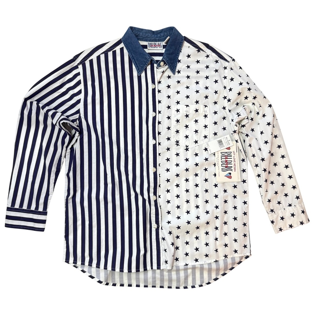 Vintage Bill Blass 90s Americana Stars Stripes Shirt Denim Collar S NWT